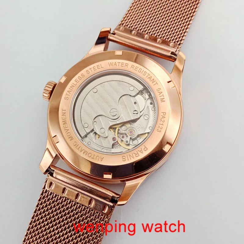 41 мм Parnis Дата Розовое Золото Стальной ремешок чехол Азия автоматическое движение