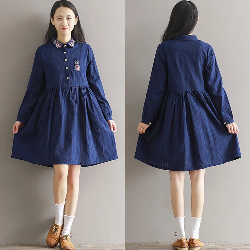 2019 new women Autumn Vintage cotton fresh heart embroidery slim dresses Women's Spring retro clothes plus size casual dress | Женская