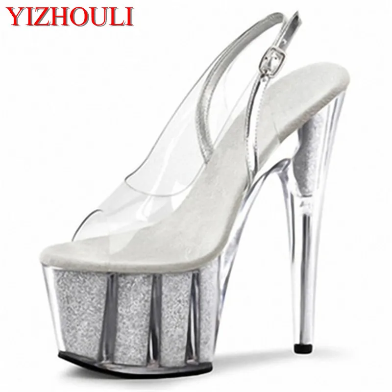 

The 15cm ultra high heel fashion transparent crystal sandals, the summer new model wearing trendy outside show shoes