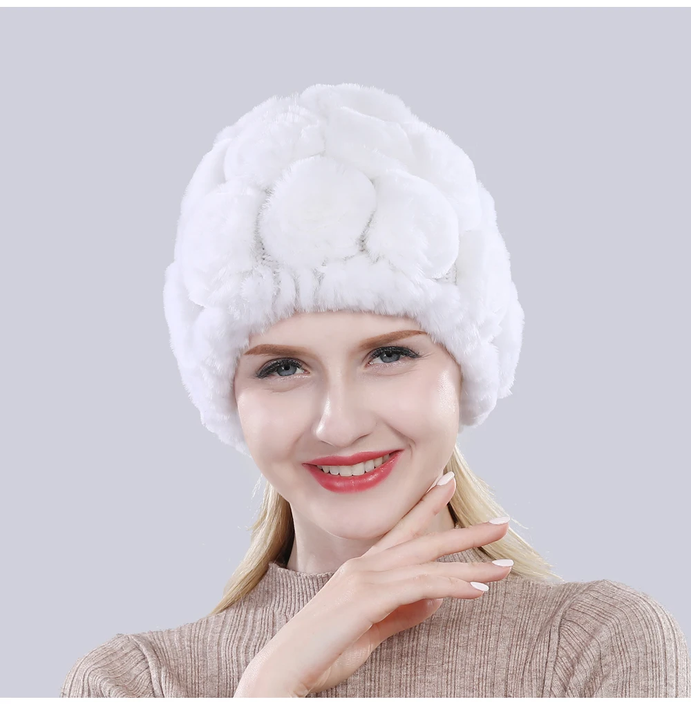 Новая Женская эластичная шапка с цветами, настоящий мех кролика, зимняя вязаная Цветочная шапка из натурального меха, женские пушистые шапки из натурального меха