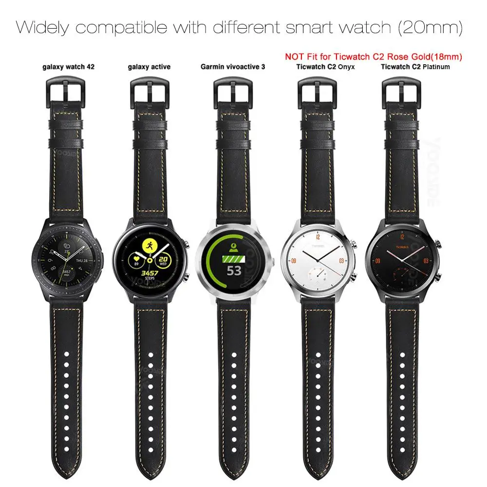 TicWatch C2 браслет 20 мм быстросъемный из натуральной кожи Силиконовый ремешок для часов TicWatch C2 оникс/платина, TicWatch2/E