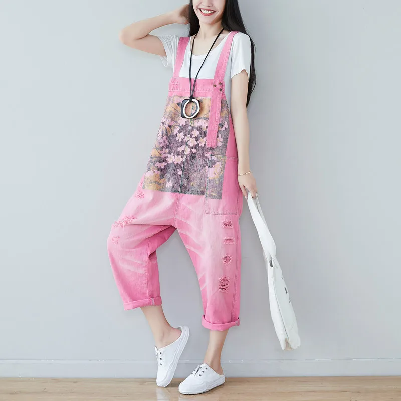 Women Floral Print Denim Jumpsuits Casual Strap Large Size Bib Pants Fashion Hole Loose Straight Trousers