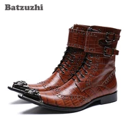 batzuzhi western cowboy men boots ankle blackbrown genuine leather boots men pointed iron toe military motorcycle botas hombre