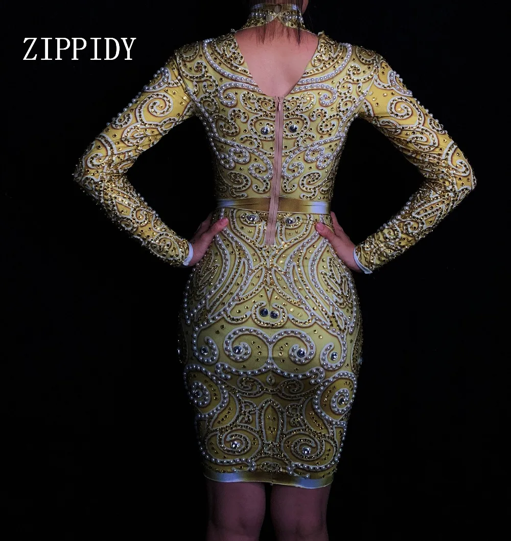 Блестящее платье стразы с жемчугом длинными рукавами Женская Золотая одежда для