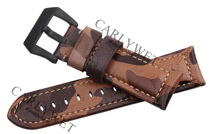 CARLYWET 22 24 26mm VINTAGE Camo Brown Watch Band Real Calf Leather Thick Strap Belt Silver Black Screw Buckle