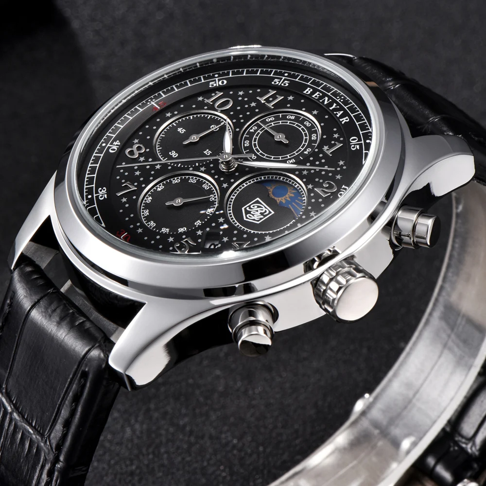 BENYAR мужские часы топ класса люкс Moon Phase полная сталь кварцевые с хронографом