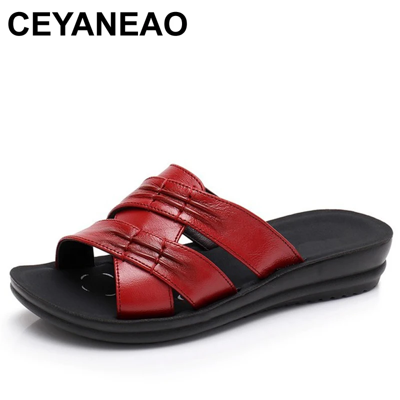 Ceyaneaosummer Мать Высокое качество Мягкие кожаные шлепанцы Для женщин из мягкой кожи Большие Размеры тапочки для беременных; Женская Повседневное SandalsE1000