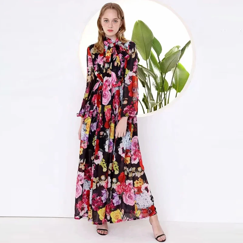 Женское платье макси с цветочным принтом милое длинное длинным рукавом и бантом
