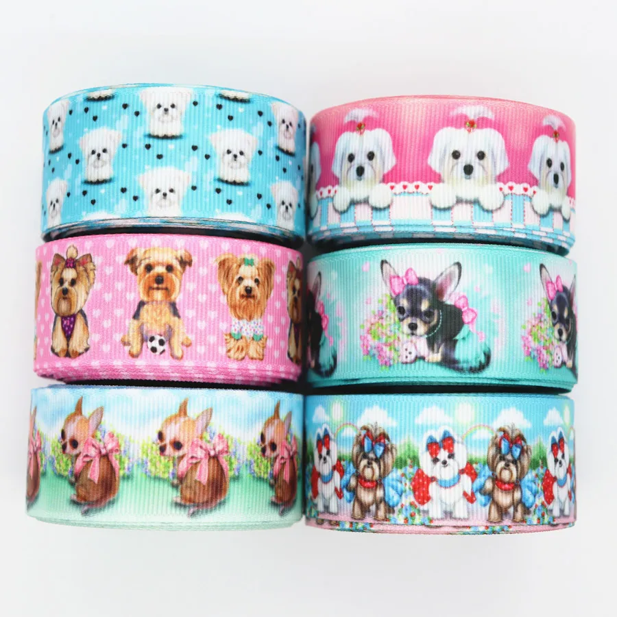 1 &quot25 мм 5 метров/lot Grosgrain ленты DIY Hairbows с принтом собаки ручной работы 100% полиэстер