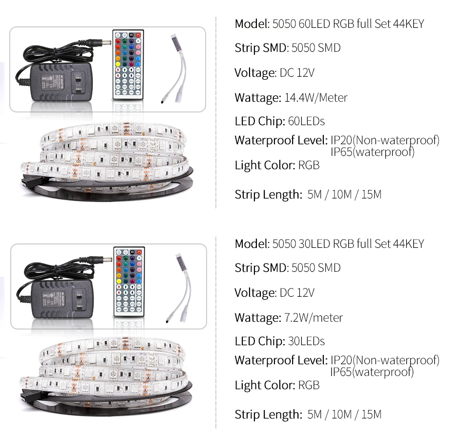 Светодиодный светильник 12 В постоянного тока, гибкая Диодная лента, RGB SMD 2835 5050, 44Key, пульт дистанционного управления, 5 м, 10 м, 15 м, полный комплект, водонепроницаемый светильник ing
