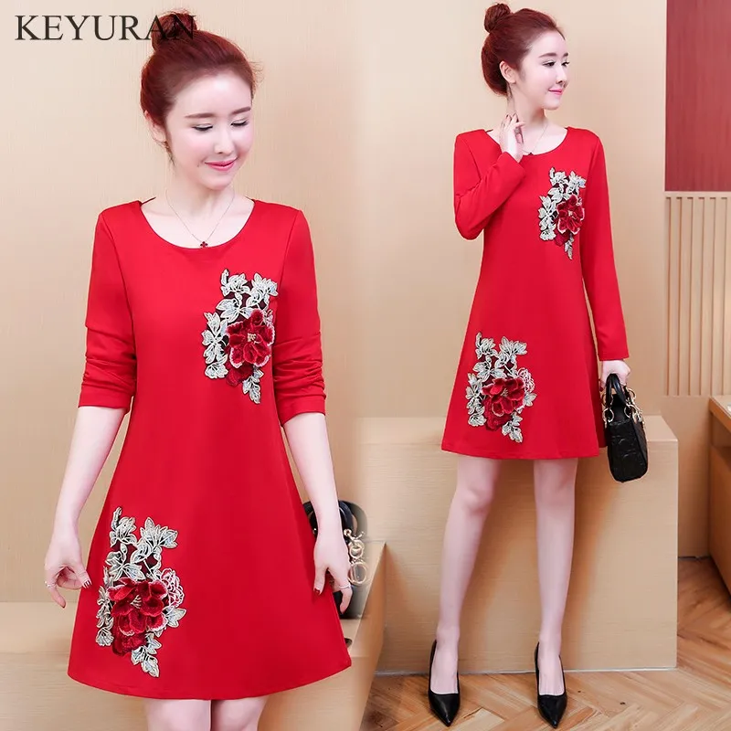 Women 3D Flower Embroidery Black Red Dress Spring Autumn Plus Size 5XL Long Sleeve Vintage Dresses For Ladies Vestidos De Festa | Женская