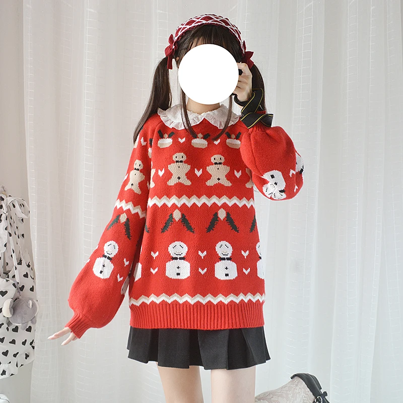 Фото Рождественский милый женский вязаный свитер Smowman для девочек пуловеры с длинным