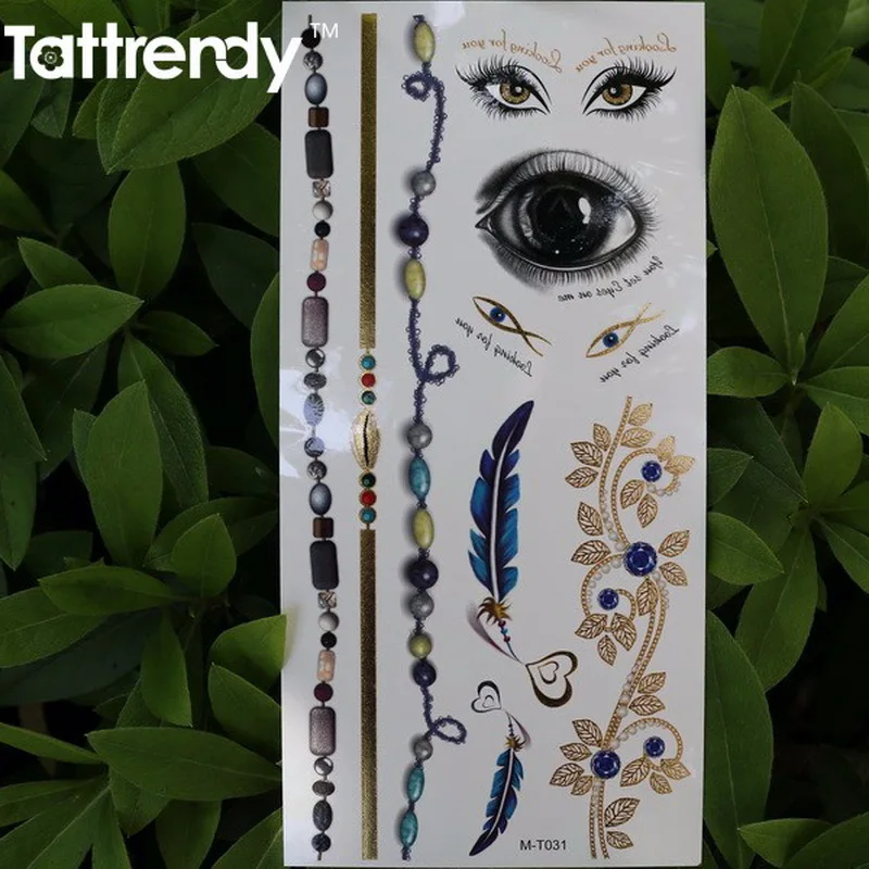 

1sheet Color Gold Temporary Flash Metal Tattoo Sticker face choker Elephant Beauty Butterfly Feather Love Women Henna Body Art
