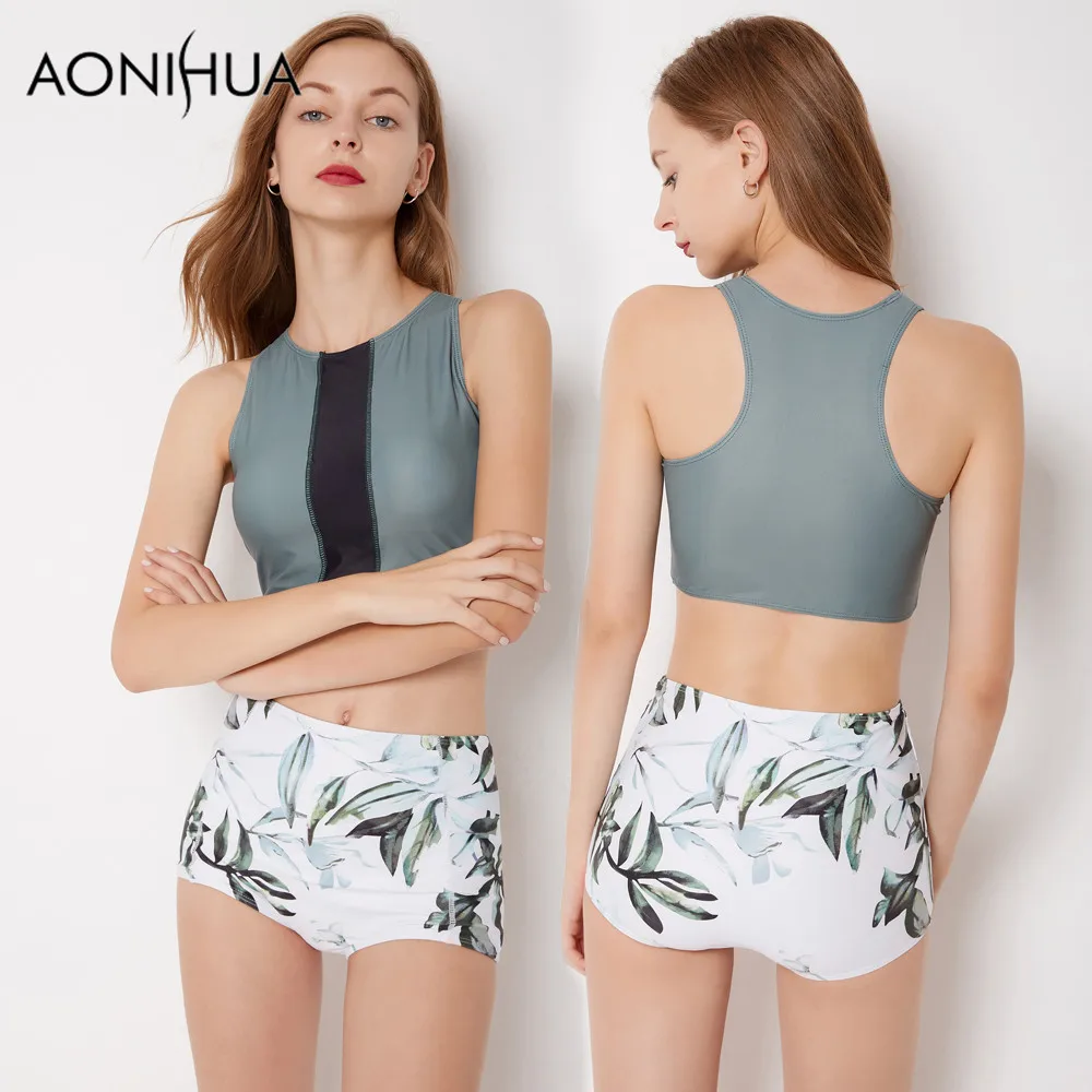 

AONIHUA Quiet Rogue | 2018 High waist Bikini set Women Leaves print Swimwear Crop top Swimsuit Beach swimming suit Biquini 9033