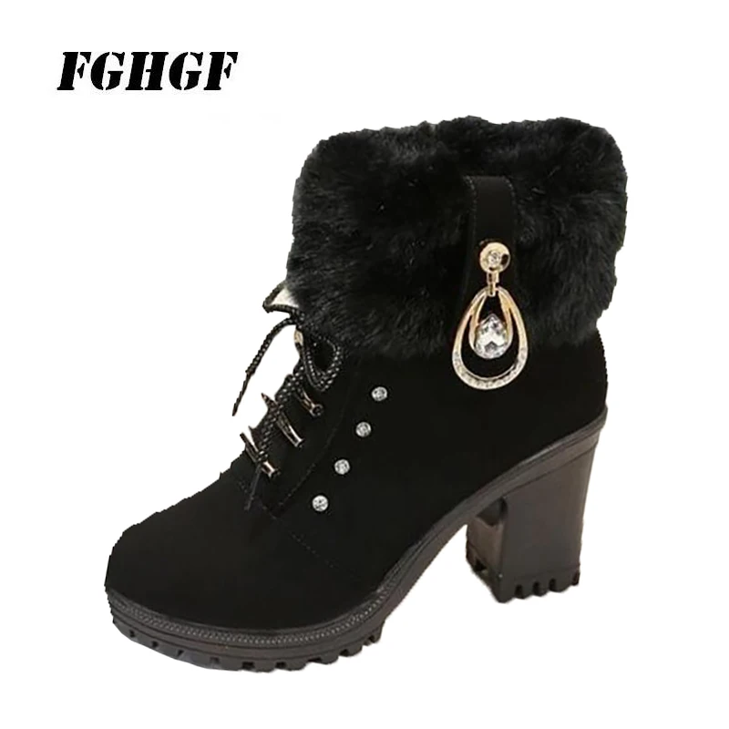 Fleece warm thick heel women's short boots with round head lacing woollen edge fashionable waterproof platform | Обувь