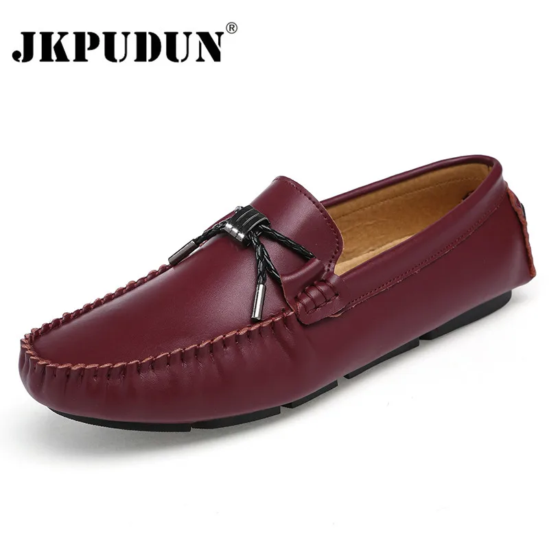 JKPUDUN Genuine Leather Mens Loafers Luxury Brand 2018 Fashion Handmade Moccasins Men Casual Shoes Black Slip on Men's Boat Shoe | Обувь