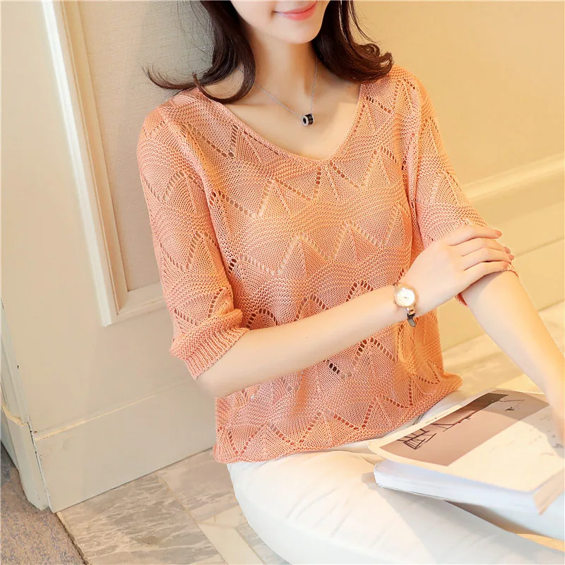 2019 Fashion Knitte Hollow Out Pullover Girls Summer Cool Ladies Pull Sweater Female Half Sleeve Jumper V-Neck Pullovers Tops | Женская