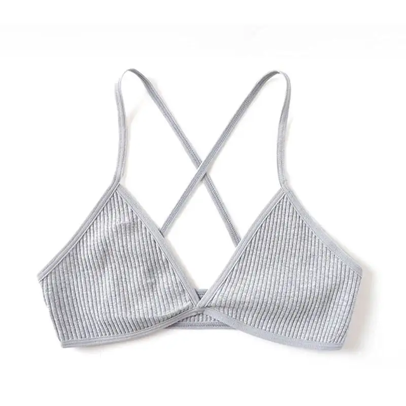 Unpadded Thin Bralette Bra Bras For Women Ribbed Bra Wireless Triangle Crisscross Back V Neck Bra Comfort Stretch Young Ladys - Color: Gray