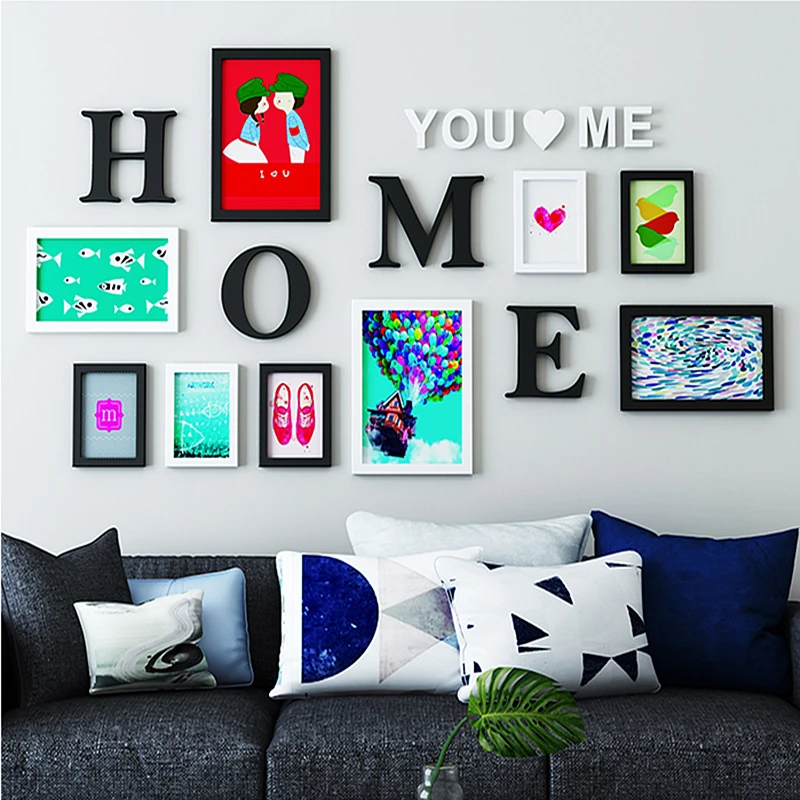 

New Home Design Decoration 9pcs Photo Frame Sets For Wall, Wood Family Picture Frame Sets With Picture Card, marcos para fotos