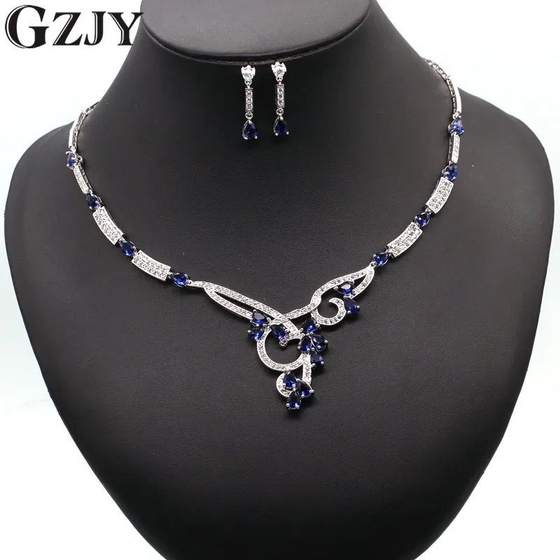 blue GZJY Роскошный Золотой Цвет капли воды многоцветный циркон ожерелье серьги Свадебные Ювелирные наборы для женщин Свадебные - Окраска металла: blue