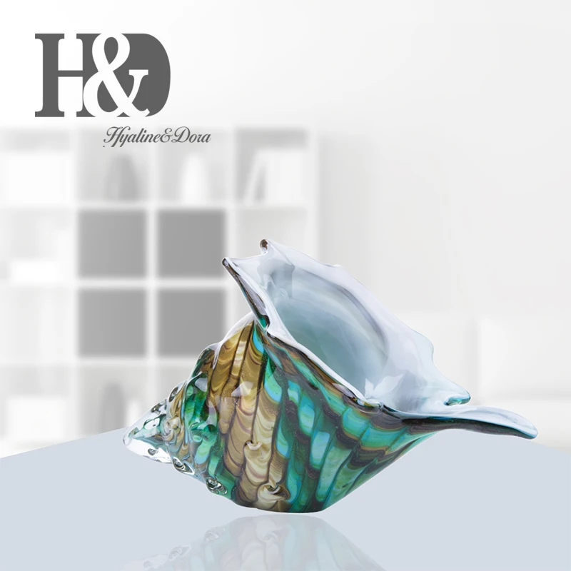 

H&D 9.4'' Hand Blown Glass Murano Art Style Seashell Conch Sculpture Ocean Multicolor Nautical Figurine Gift Ornament Home Decor
