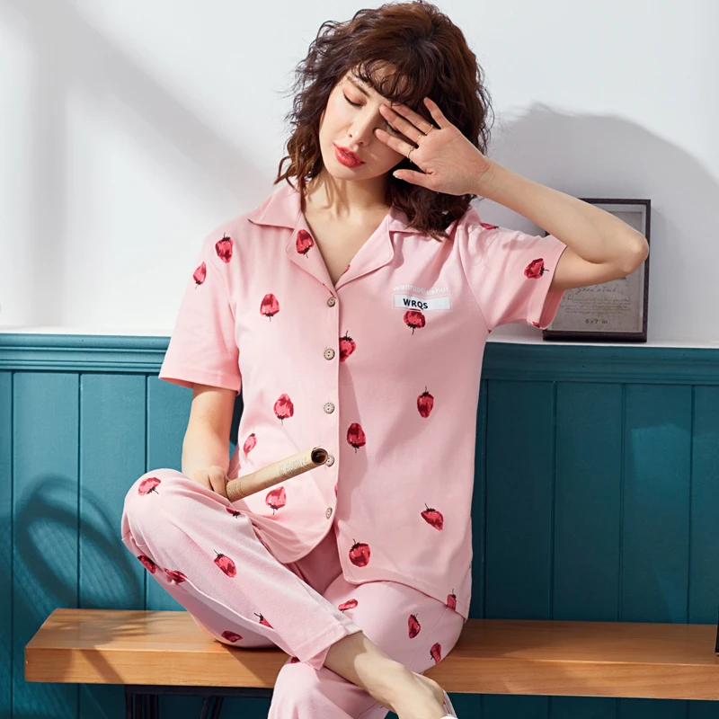 

Summer 100%Cotton Couple Pajamas Set Short Sleeve Turn-down Collar Cardigan Loose Soft Lovers Sleepwear Short Shirts+Long Pants