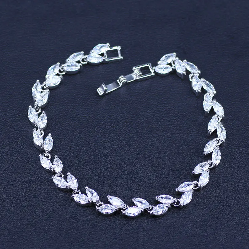 silver color White Zircon Crystal Angelic Leaf Bracelet And Pretty Long Earrings Jewelry Set For Women Anniversary | Украшения и