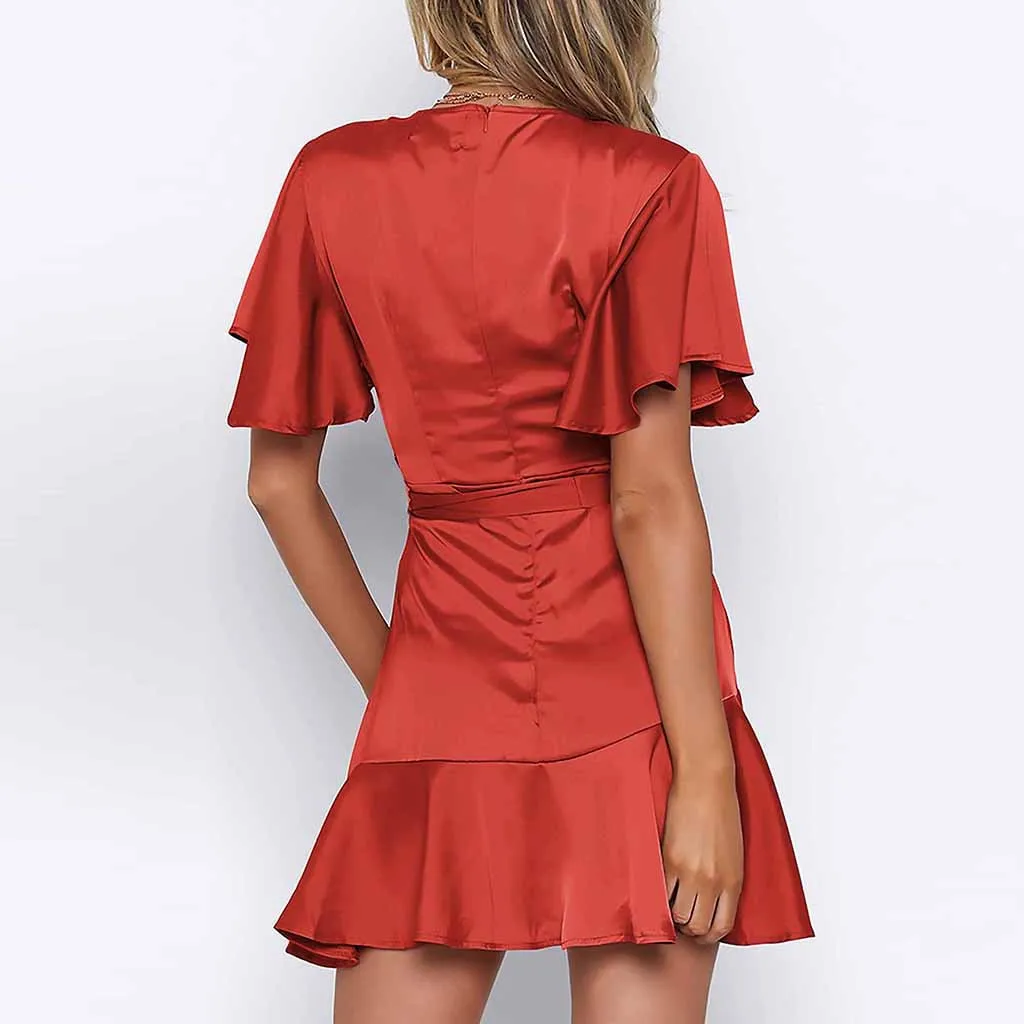 

Women's Summer Ruffle Sleeve Deep V-neck Sexy Strap Layered Hot Slim Waist Thin Solid Color Mini Dress vestidos 41*