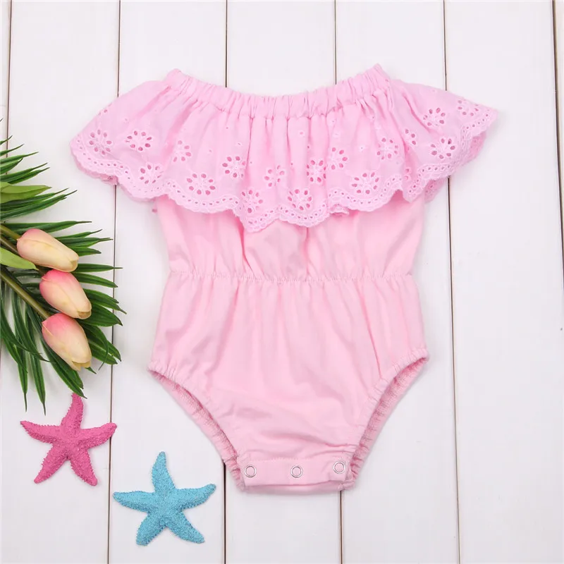 Girl Clothing Jumpsuit Outfits Sunsuit Newborn Kid Baby Girls Bodysuits Summer Sleeveless Off Shoulder Bodysuit Solid Lace Cute |