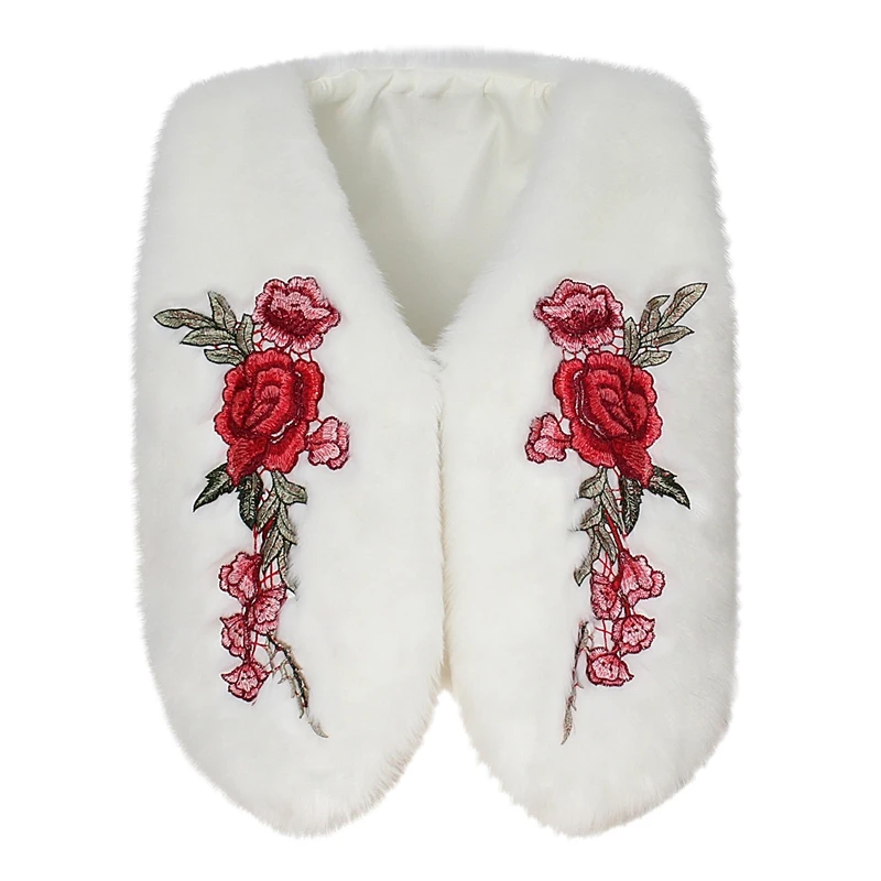 Белый меховой жилет модная Розовая вышивка искусственный мех куртки черный плюс