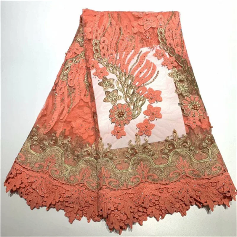 African Mesh Tulle Lace Fabric 2019 Latest 5Yards Nigerian Guipure High Quality Peach With Beads | Дом и сад