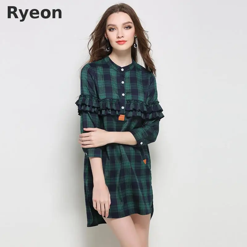 Ryeon L 5xl Плюс Размер Симпатичные Платья Свободные Плед Запястье Выше Колена Мини