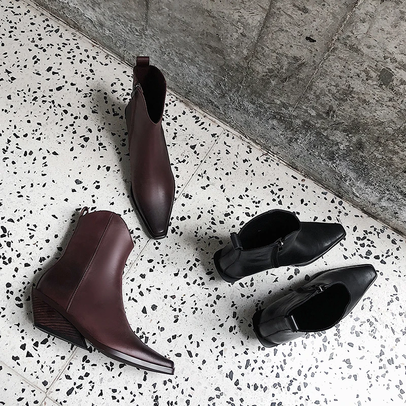 Женские ботильоны из коровьей кожи; обувь с острым носком на среднем каблуке; Женские ботинки в западном стиле; модная обувь; женские ботинки «Челси»; сезон весна-осень