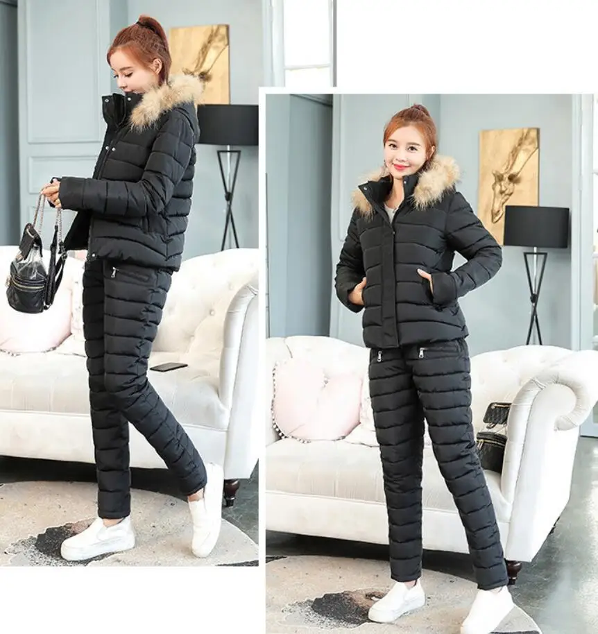 

2018 Women Winter Down Cotton Jacket Suit Female Fashion Hooded Fur Collar Warm Two piece Set Slim Outerwear Pants Coat q273