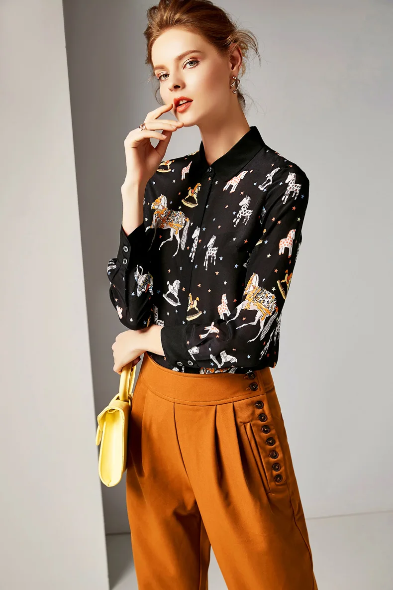 100% Pure Silk Women's Runway Shirts Turn Down Collar Animals Cartoons Printed Fashion |