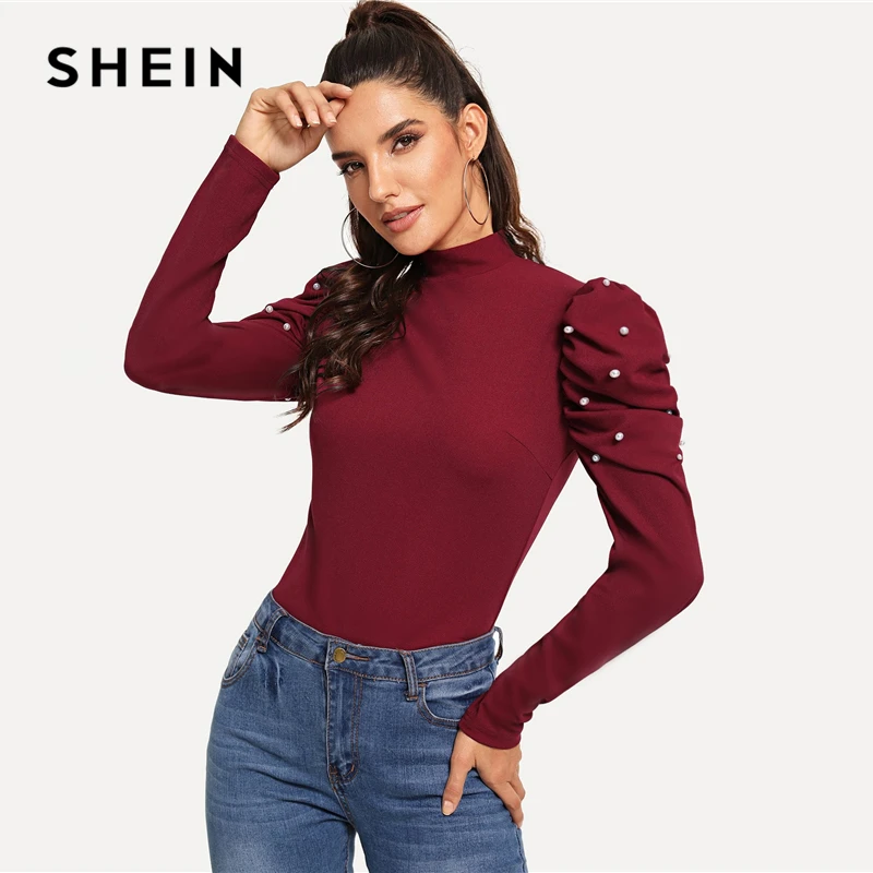 SHEIN Блуза С Рукавом-Фонариком И Стоячим Воротником, Нарядная Блуза С Бусинами