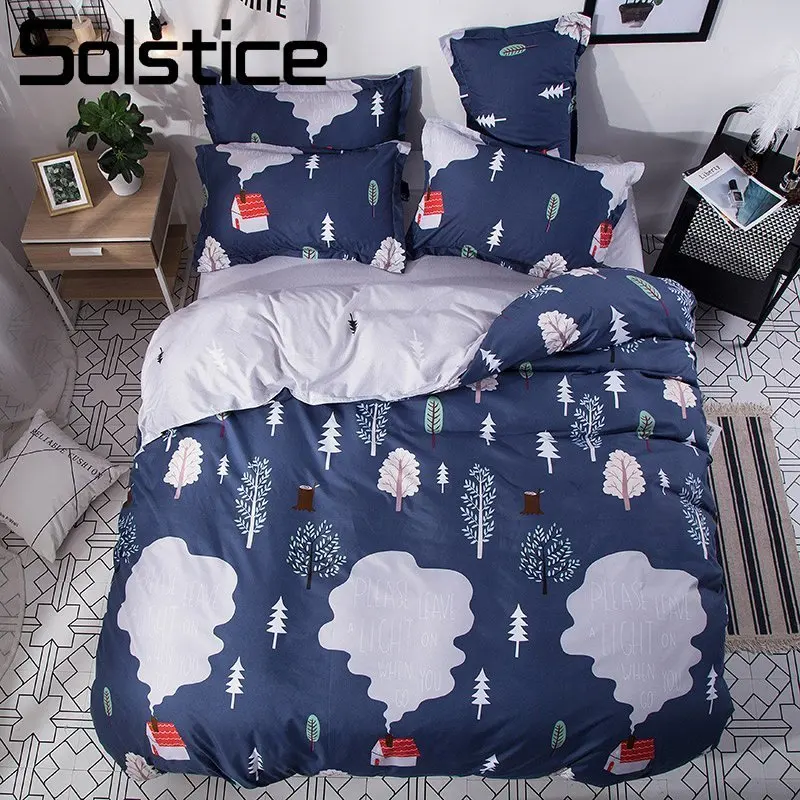 

Solstice Home Textile King Queen Full Twin Bedding Set Forest Cottage Navy Blue Duvet Cover Sheet Pillowcase Boy Teen Bed Linens