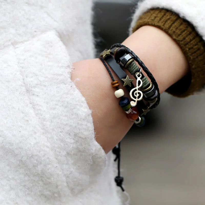 Браслет с бусинами для мужчин и женщин 4-слойный музыкальный плетеный кожаный