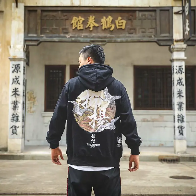 Embroidery Cranes Pullover Text Printing Hoodies Men Winter Hip Hop Male Casual Hooded Sweatshirts Streetwear Japanese