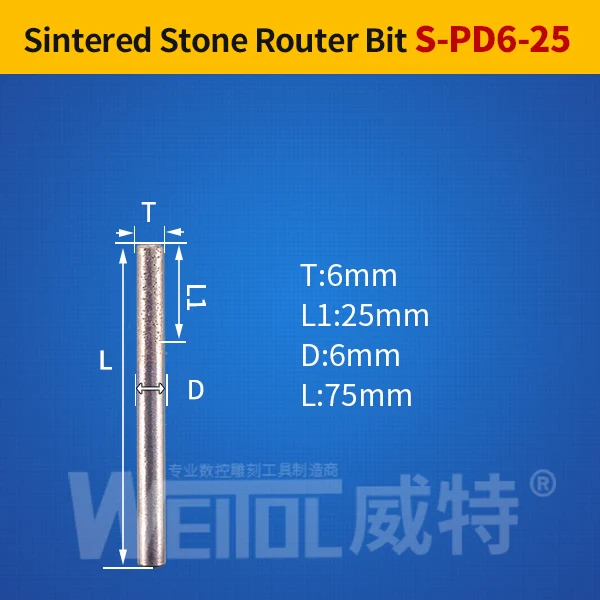 S-PD6-25 Weitol 1 шт. 6 мм/8 мм хвостовик спеченный камень фрезы шариковый нос плоская головка алмазные ЧПУ Инструменты для резьбы по граниту мрамору - Длина режущей кромки: S-PD6-25