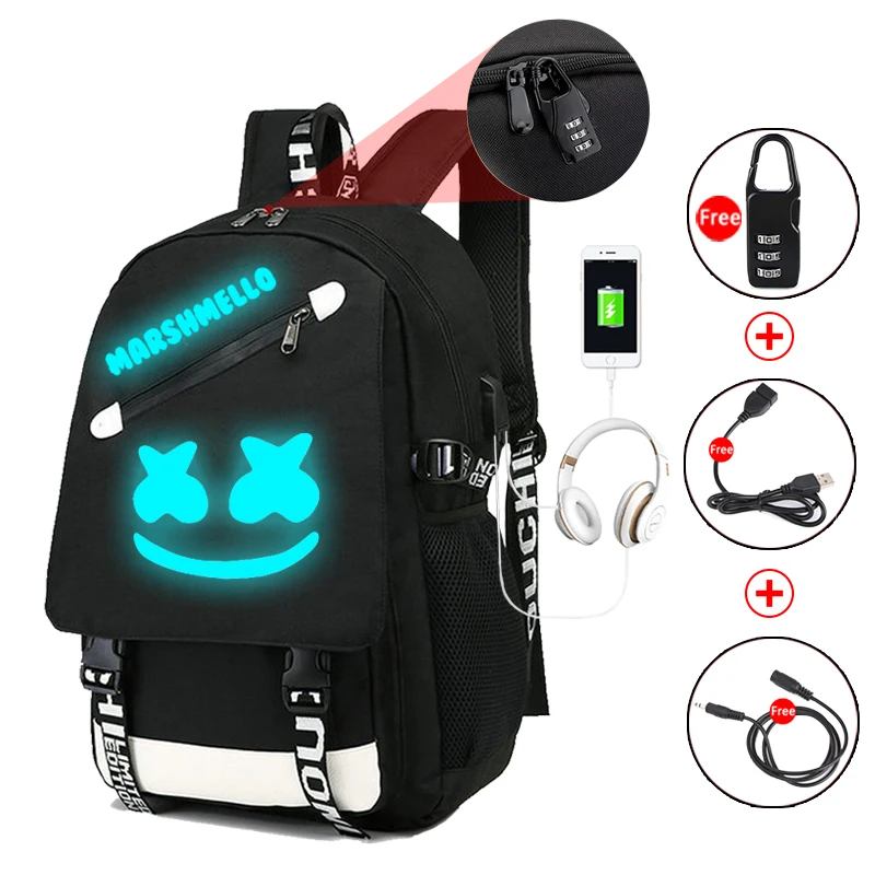 Модный светящийся DJ Marshmallow студенческий для подростка студенческий рюкзак USB зарядка для ноутбука противоугонные школьные сумки