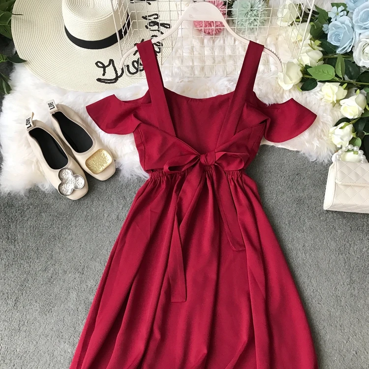 ALPHALMODA праздники с открытыми плечами женские Seashore до середины икры Платье на бретелях галстук-бабочка дамское сексуальное с открытой спиной Vestidos однотонное платье