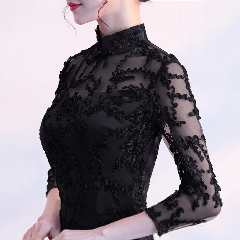 2018 черное китайское свадебное платье женское с длинным рукавом Cheongsam тонкое