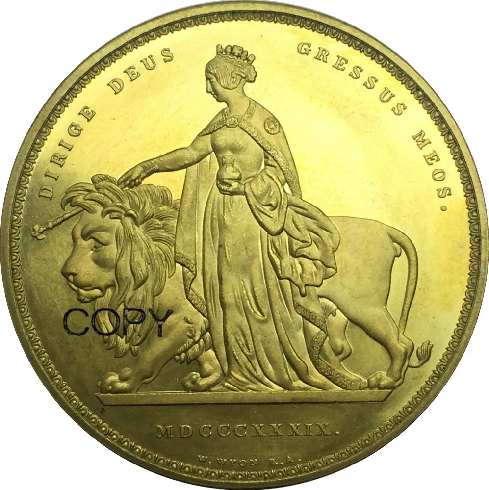Соединенные монеты Королевства 5 фунтов 1839 Виктория уна и лев Обычная Золотая монета латунные копии монет