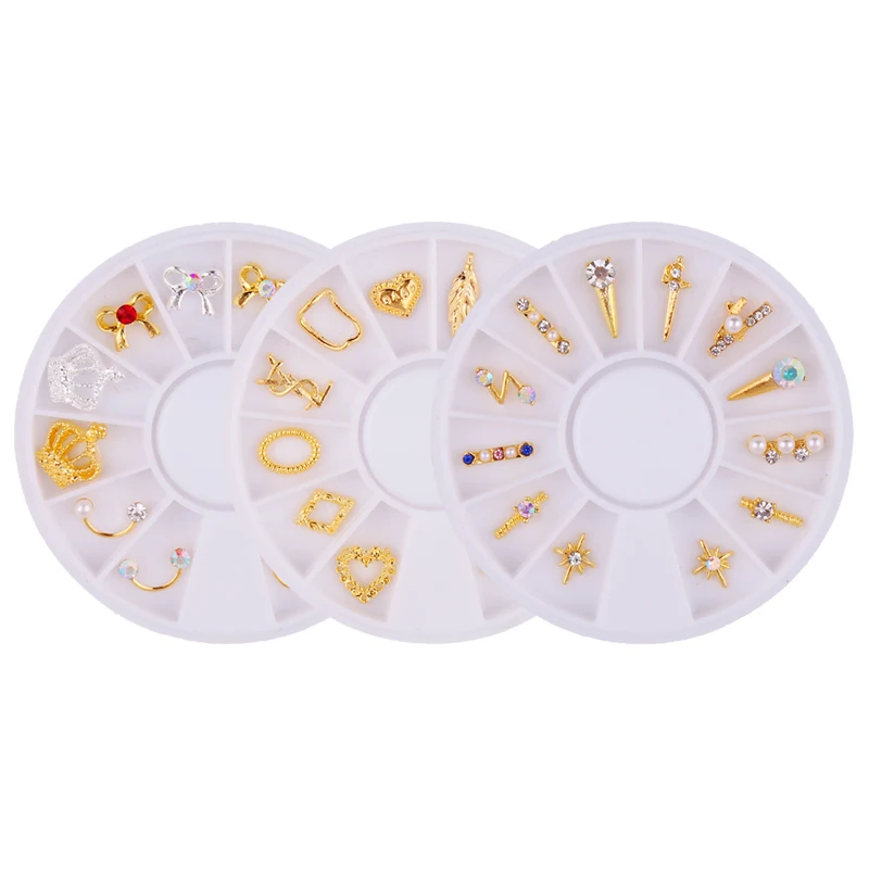

3D Nail Charm Alloy 1Wheel=12Pc Metal Rhinestones Nail Art Decorations Bows,Flowers,Pearls,Crown MAFANAILS Nail Jewelry Supplies