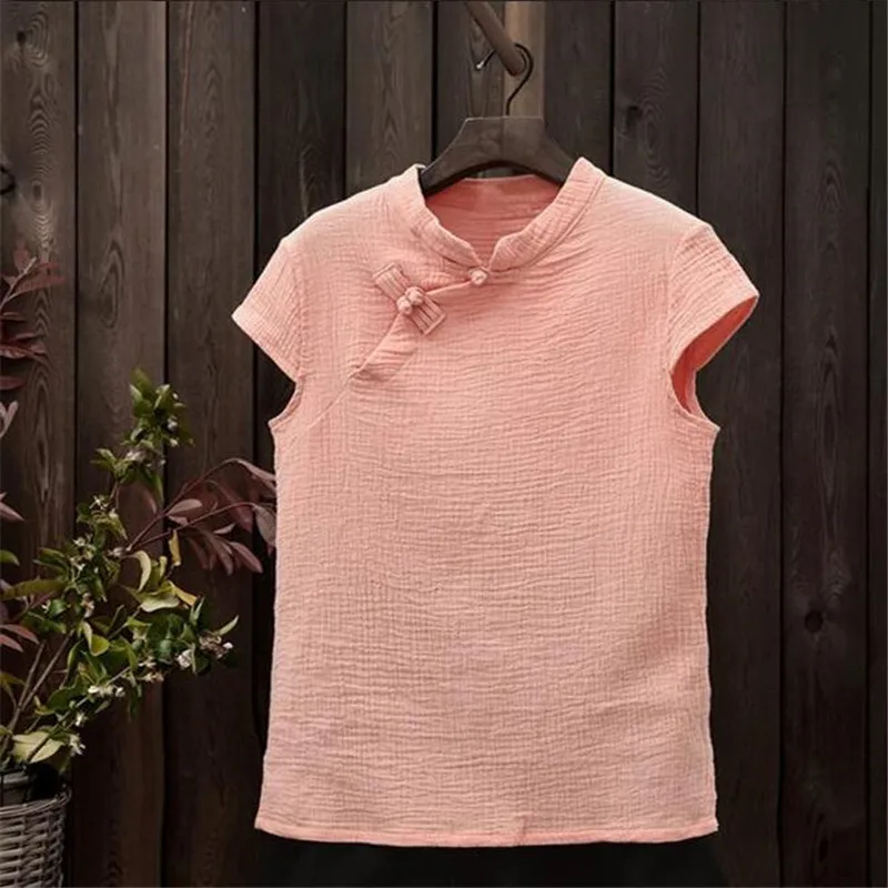 Женские блузки летние с коротким рукавом из хлопка и льна свободные Blusa Feminina топы Модные однотонные рубашки