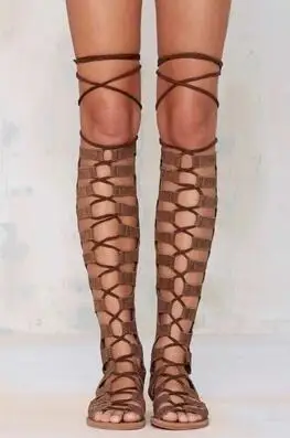 Sexy Summer Suede Leather Over The Knee Sandal Boot Peep Toe Cut-out Flat Strappy Sandals Big Size 11 Gladiator Sandals Boots