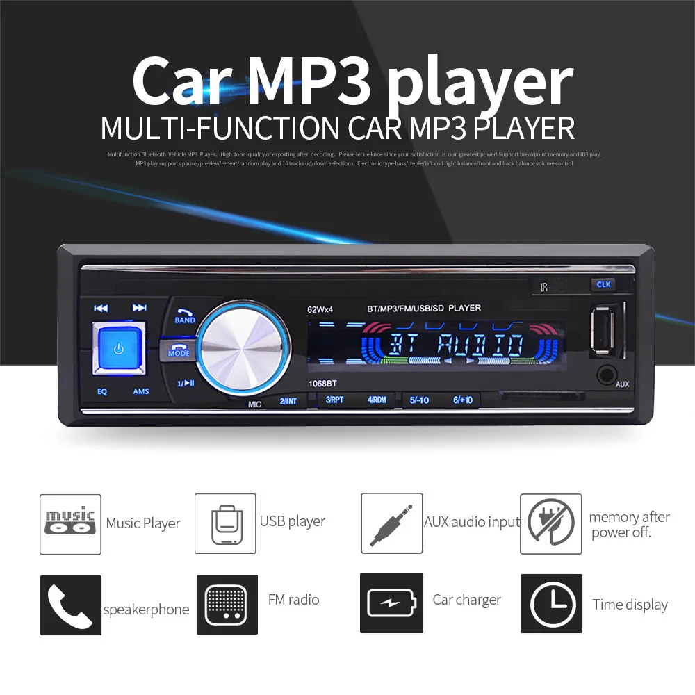 Автомагнитола 1 din автомагнитола BT-1068 стерео bluetooth аудио mp3 рекордер usb sd aux вход oto teypleri Автомагнитола#20