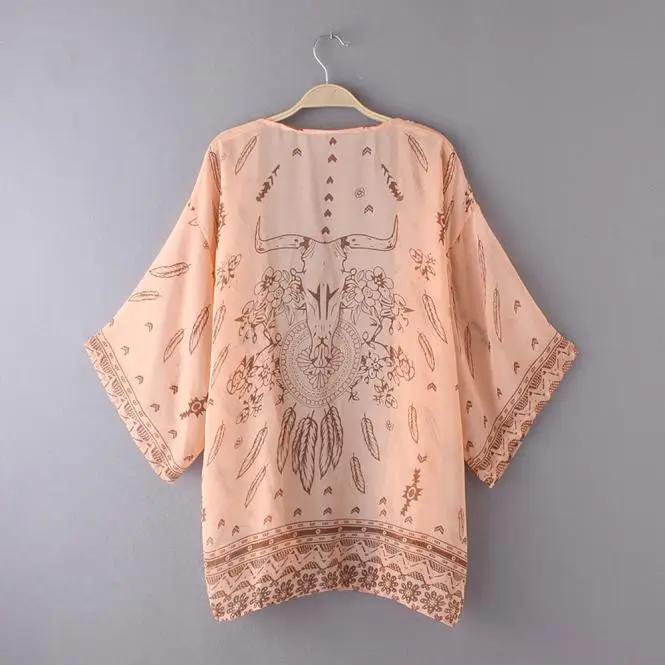 Модная женская летняя шифоновая блузка Пляжное кимоно Boho кардиган с цветочным