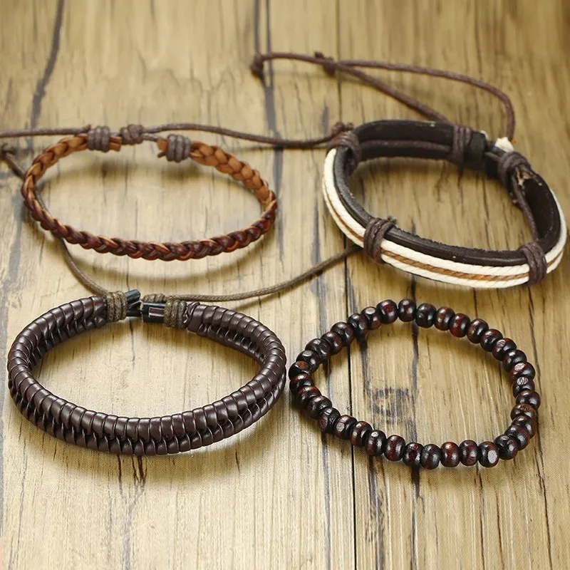 

Vnox 4 pcs/ Set Wood Beads Bracelets for Men Braided Leather Punk Bangle Bohemia Holiday Jewelry Adjustable Length